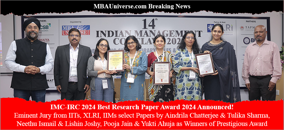 IMC-IRC 2024 Best Research Paper Award 2024 Announced! Eminent Jury from IITs, XLRI, IIMs select Papers by Aindrila Chatterjee & Tulika Sharma, Neethu Ismail & Lishin Joshy, Pooja Jain & Yukti Ahuja as Winners