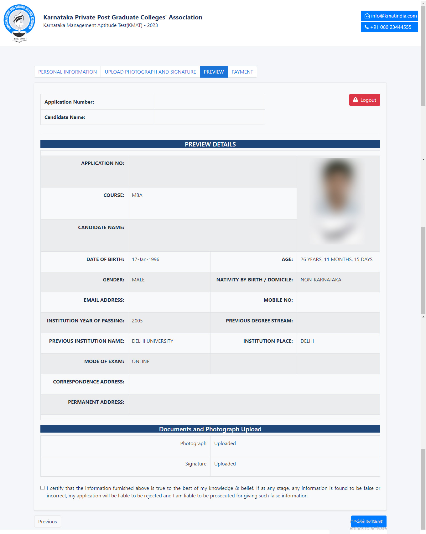 Preview Details of Your KMAT Application Form